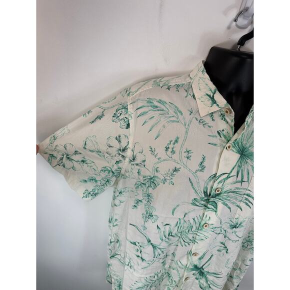 Tommy Bahama Silk Blend Hawaiian Shirt Green White Tropical Floral Size Large - Picture 10 of 13